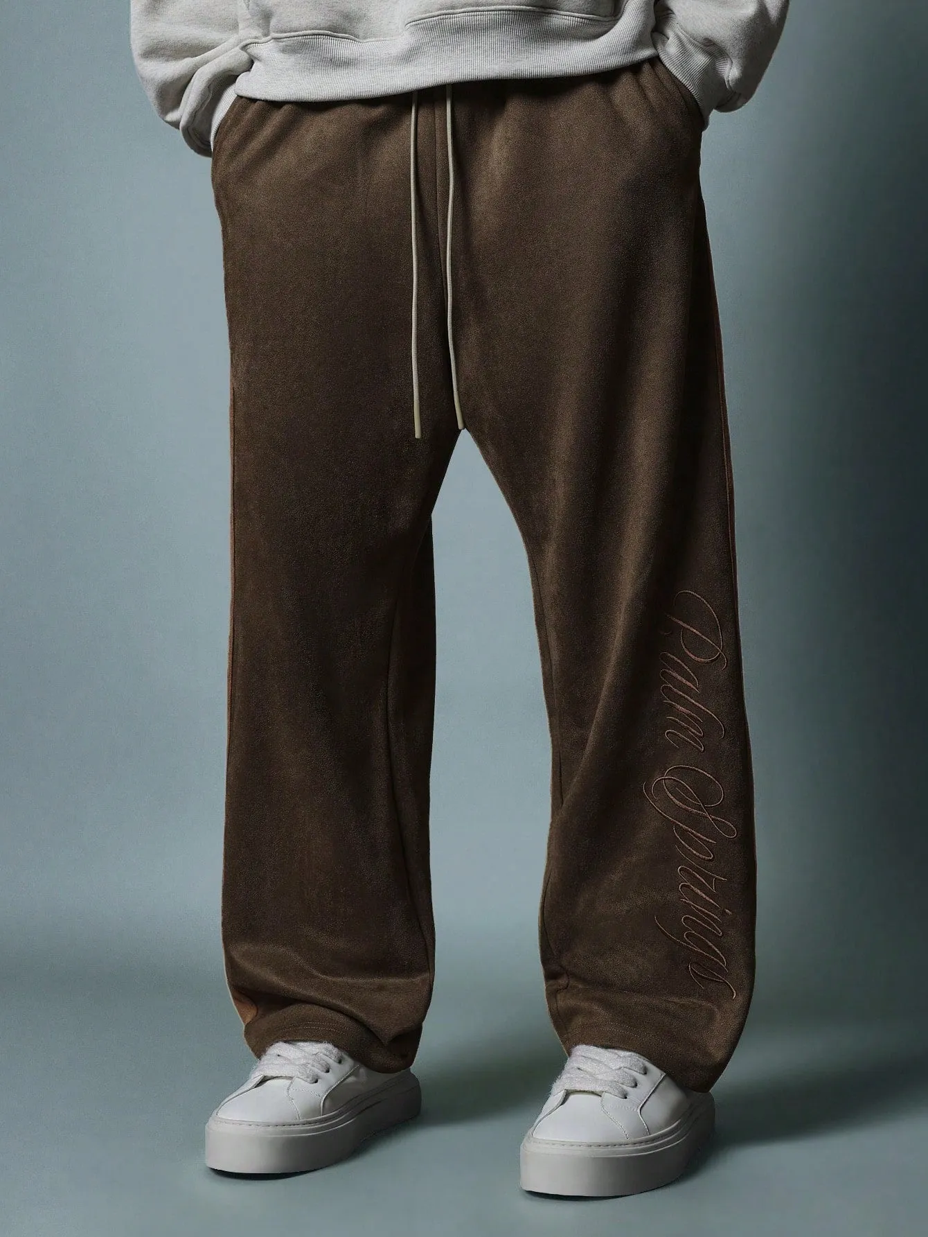 Suedette Straight Fit Contrast Side Panel Sweatpants With Embroidery