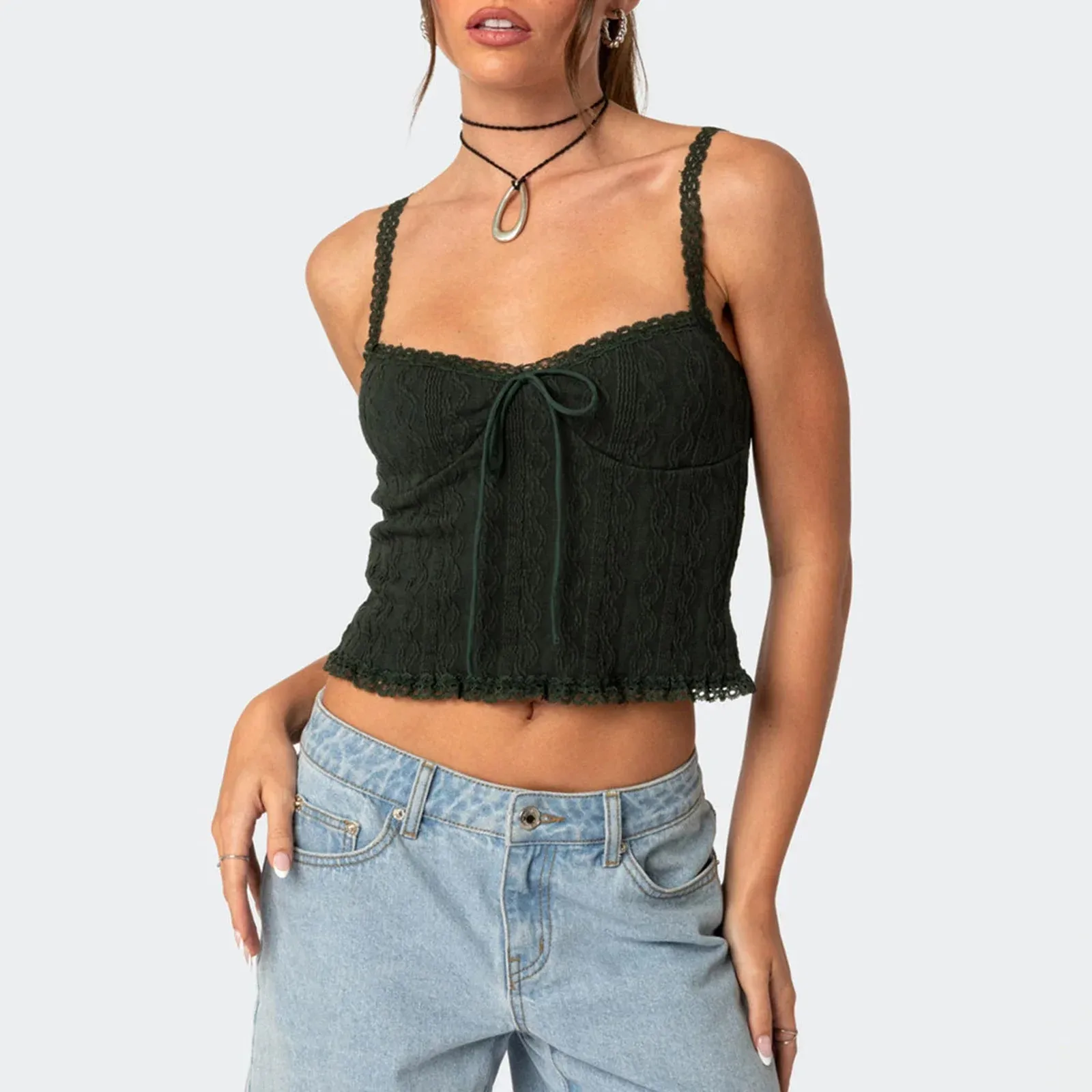 Summer Crop Tops Lace Camisole Solid Color Spaghetti Strap Tank Women Top