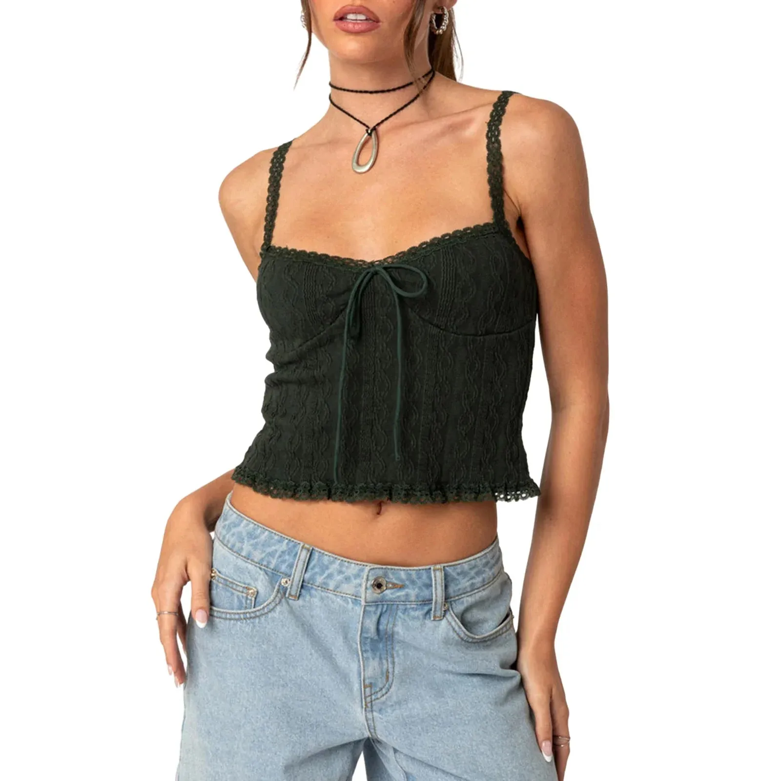 Summer Crop Tops Lace Camisole Solid Color Spaghetti Strap Tank Women Top