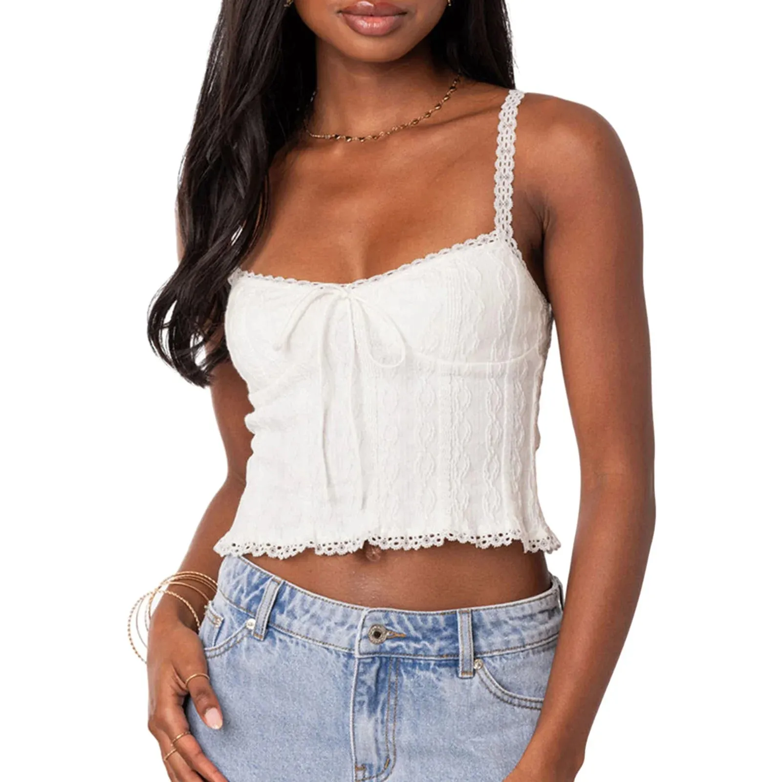 Summer Crop Tops Lace Camisole Solid Color Spaghetti Strap Tank Women Top