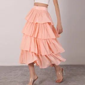 Sweet Long Skirt For Women High Waist Ruched Loose Layered Ruffle Hem Solid Midi Skirts Female Clothing