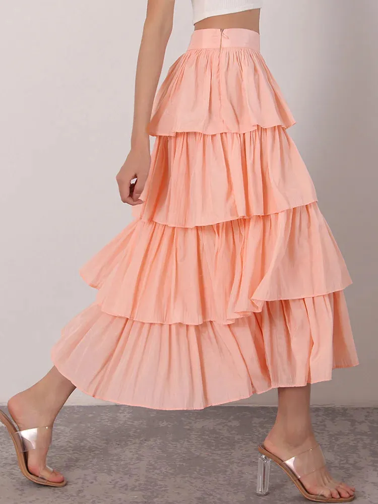 Sweet Long Skirt For Women High Waist Ruched Loose Layered Ruffle Hem Solid Midi Skirts Female Clothing