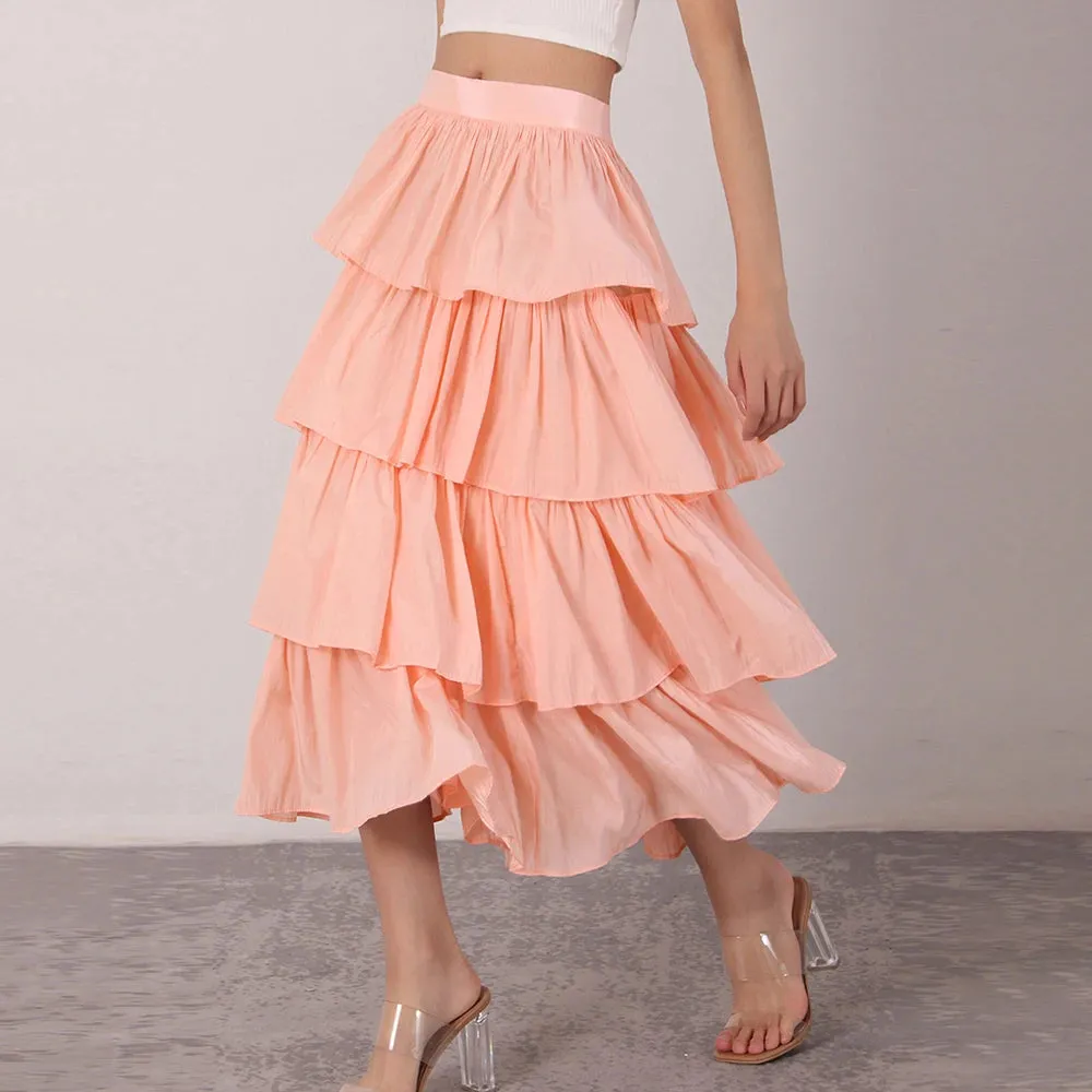 Sweet Long Skirt For Women High Waist Ruched Loose Layered Ruffle Hem Solid Midi Skirts Female Clothing