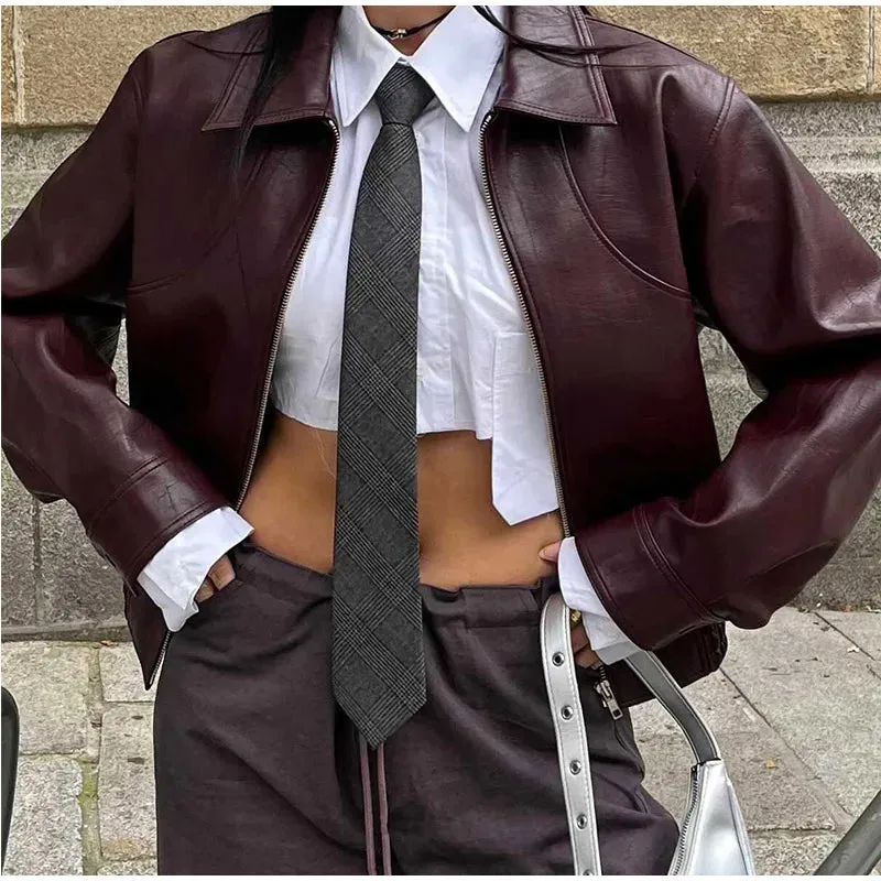 TAVIMART  -  PU Leather Women Jackets Coats Casual Turn Down Collar Long Sleeve Zipper Female Motorcycle Top Coat Autumn Vintage Outwear