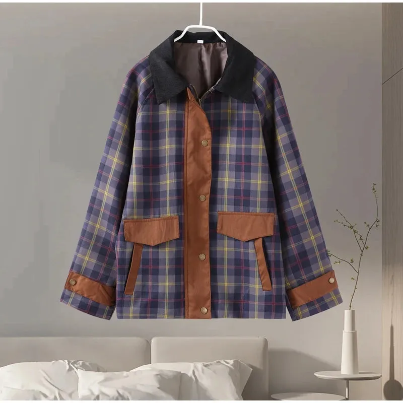 TAVIMART  -  Vintage Plaid Printed Women Jacket Patchwork Turn Down Collar Single Breasted Female Coat Autumn Long Sleeve Zipper Outwear