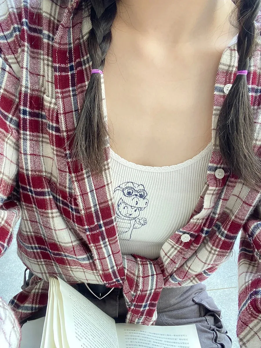 TAVIMART  -  Vintage Red Plaid Button Blouse Top Autumn Cotton Turn Down Collar Casual Long Sleeve Shirt Streetwear Loose Y2K Tees Coat Women