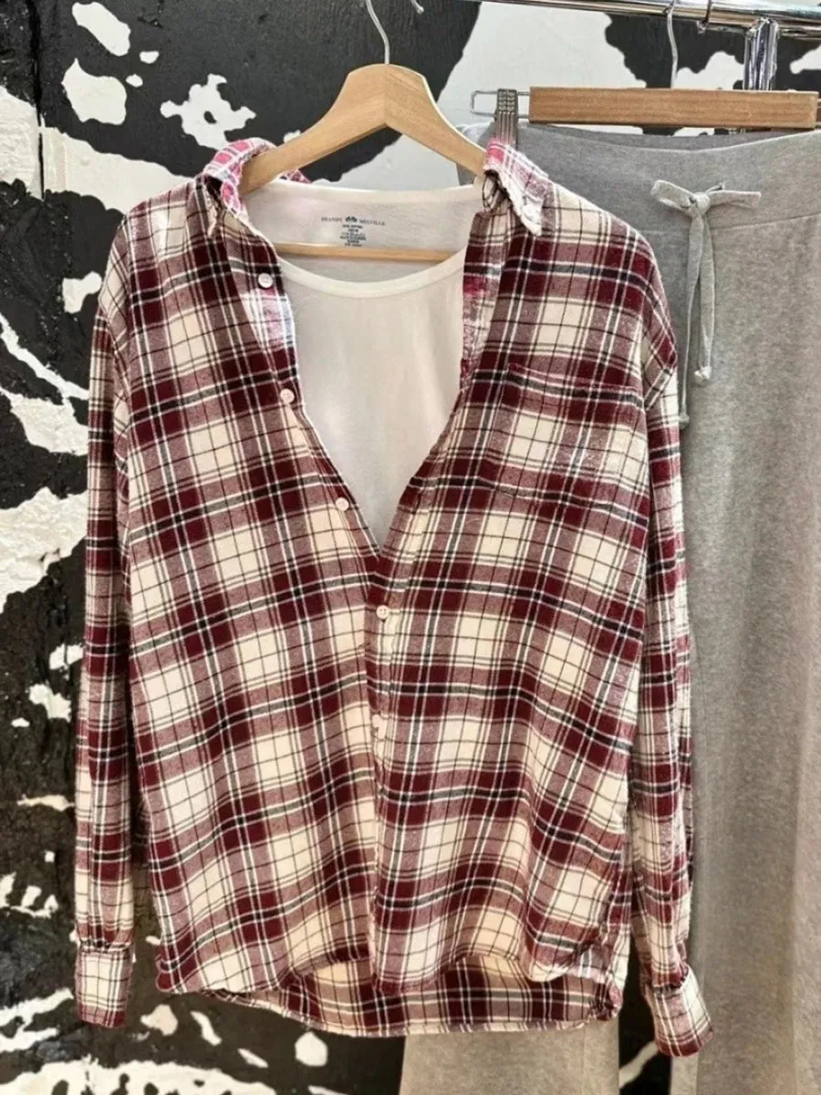 TAVIMART  -  Vintage Red Plaid Button Blouse Top Autumn Cotton Turn Down Collar Casual Long Sleeve Shirt Streetwear Loose Y2K Tees Coat Women