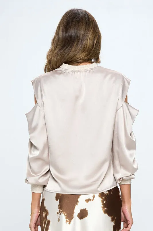 TEEK - Beige Satin Stretch Peep Shoulder Sweatshirt