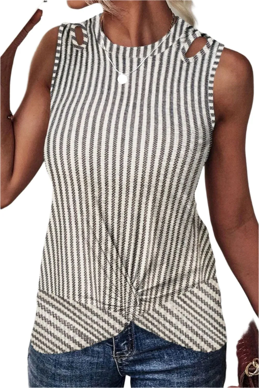 TEEK - Cutout Striped Round Neck Tank