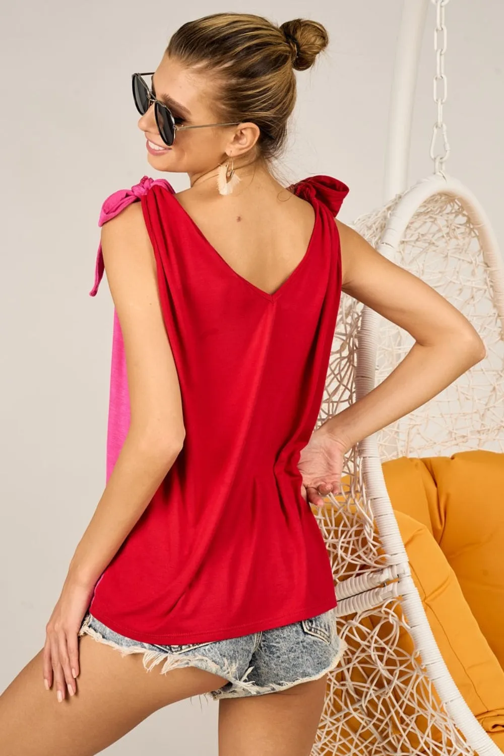 TEEK - Red Fuchsia Shoulder Ribbon Tied Contrast Tank