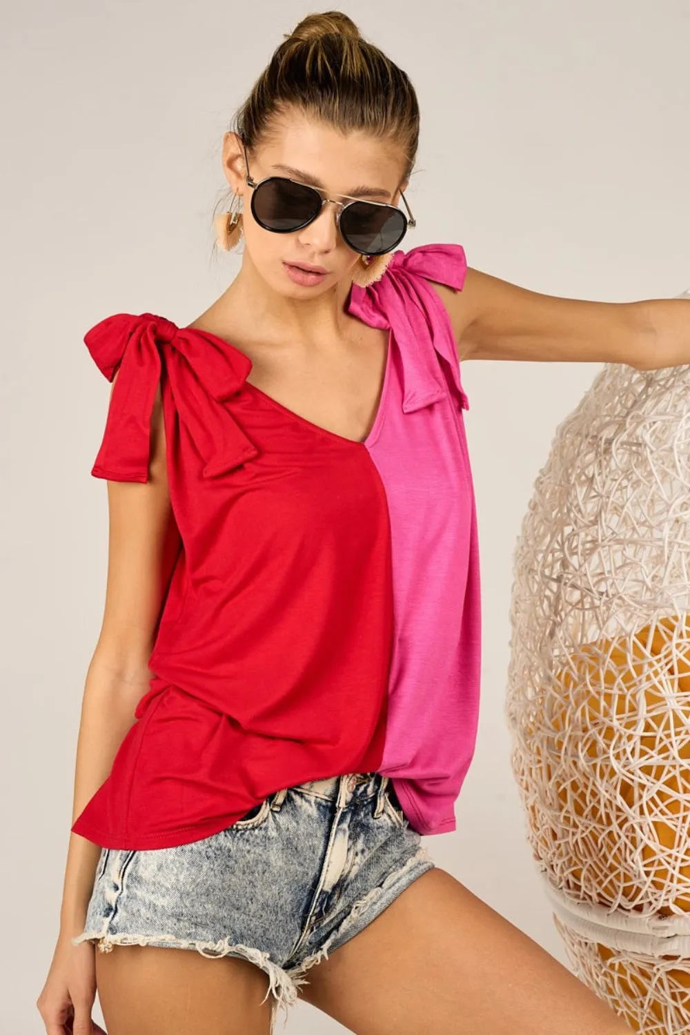 TEEK - Red Fuchsia Shoulder Ribbon Tied Contrast Tank