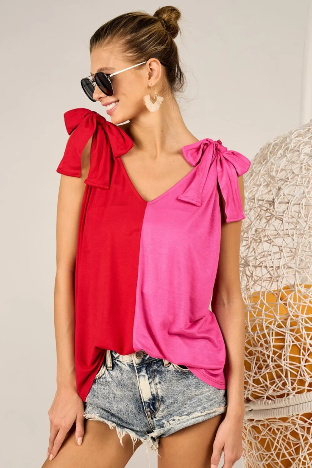 TEEK - Red Fuchsia Shoulder Ribbon Tied Contrast Tank