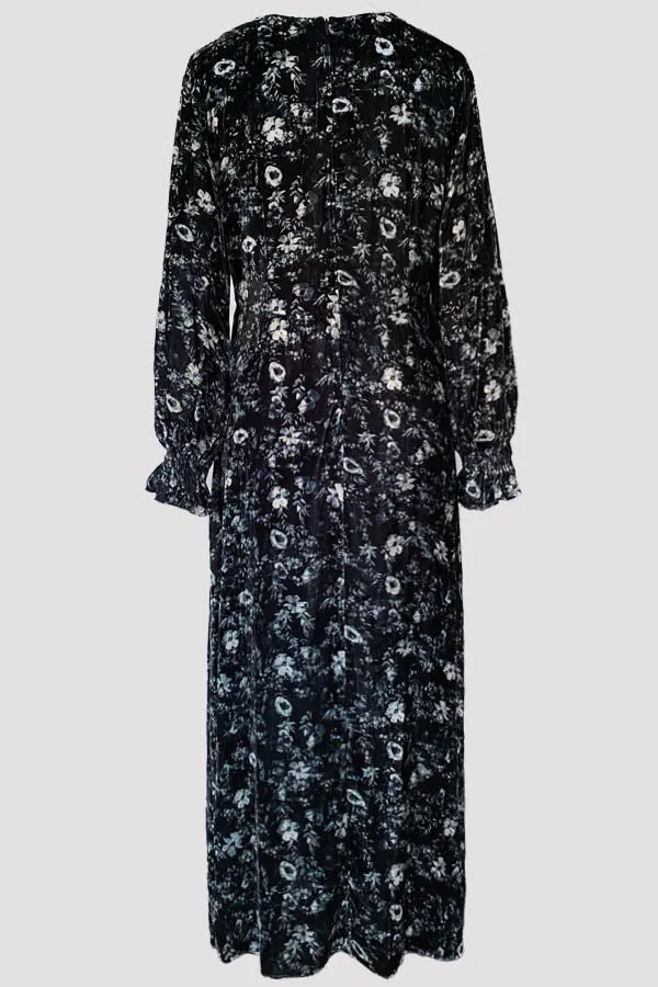 Thalia Anemone Leaf Black Velvet Maxi Dress