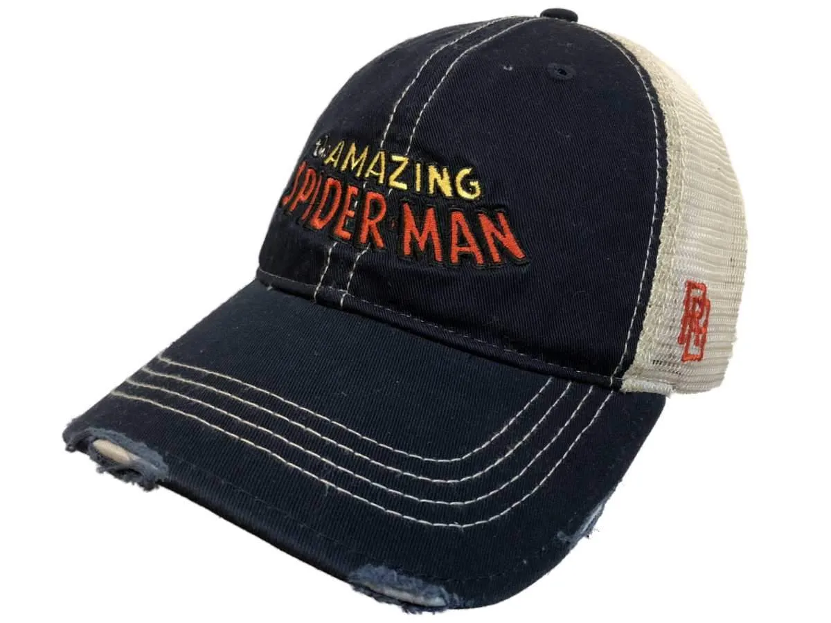 The Amazing Spiderman Marvel Retro Brand Navy Distressed Mesh Snapback Hat Cap