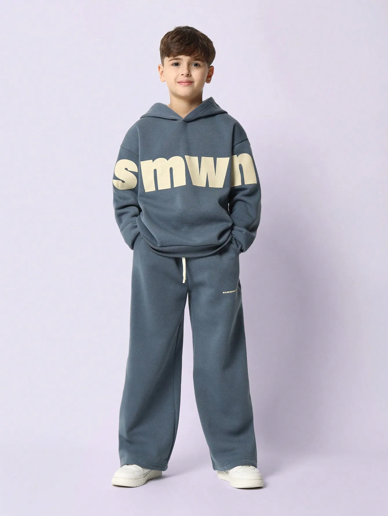 Tween Boys Comfy Blue Overhead Hoodie & Straight Fit Sweatpants With Graphic Print 2 Piece Set