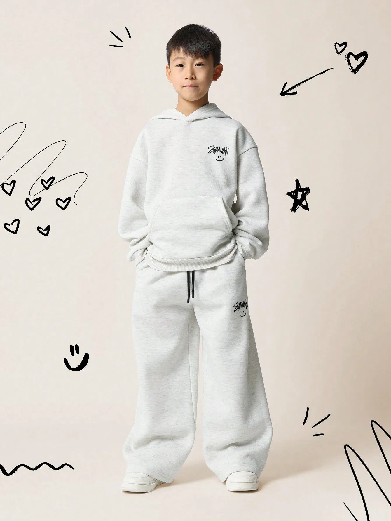 Tween Boys Grey Marl Overhead Hoodie & Drop Crotch Sweatpants With Graphic Print 2 Piece Set