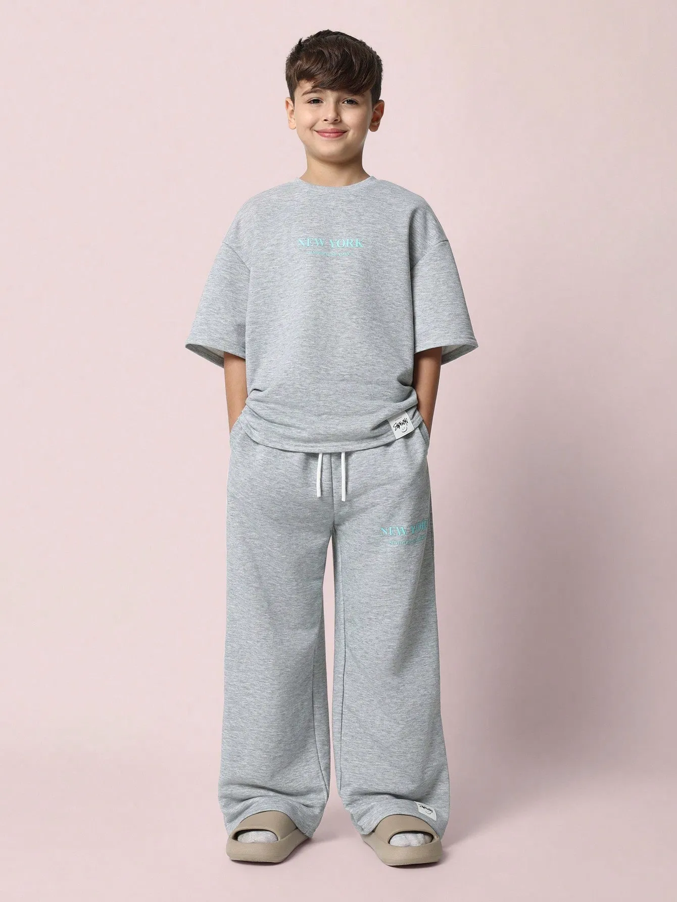 Tween Boys Relaxed Grey Marl Elbow Sleeve Tee And Straight Fit Pant With Graphic Print 2 Piece Set