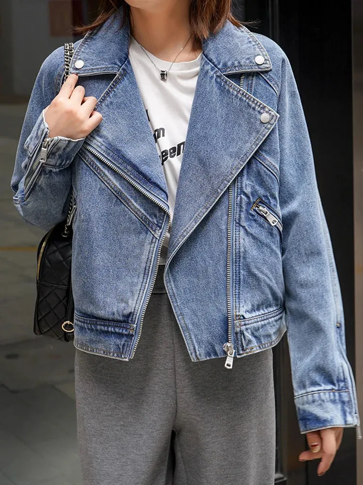 Uniwim  New Spring Autumn Motorcycle Denim Jacket Women Fashion Lapel Zipper Short Cowboy Streetwear Vintage Loose Coat Outwear