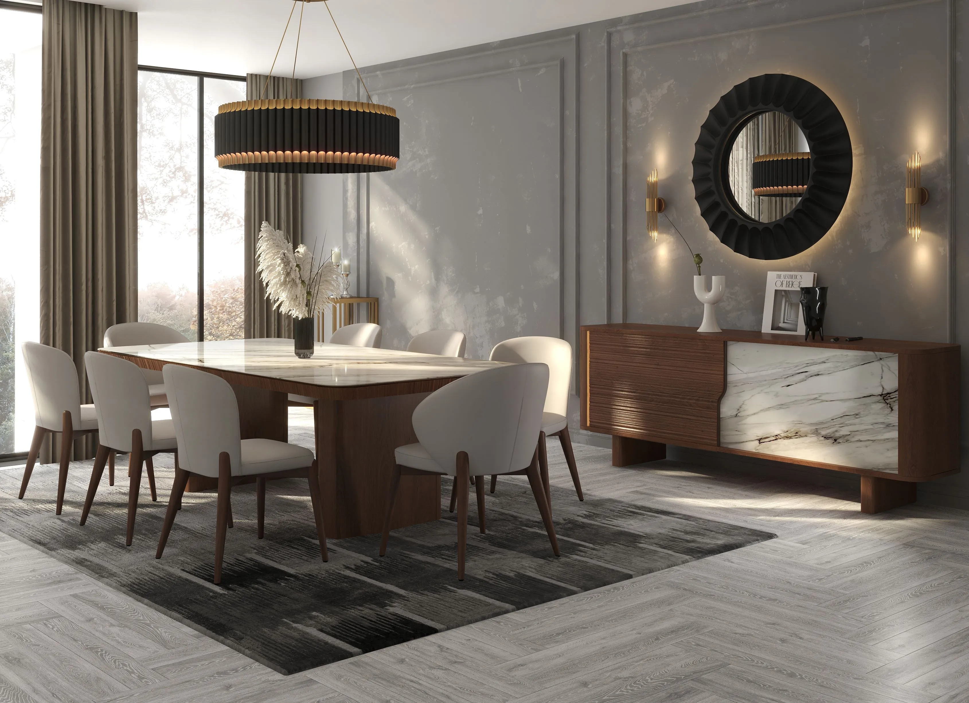 Vincenzo Ceramic Dining Table with Elicia side and arm chairs