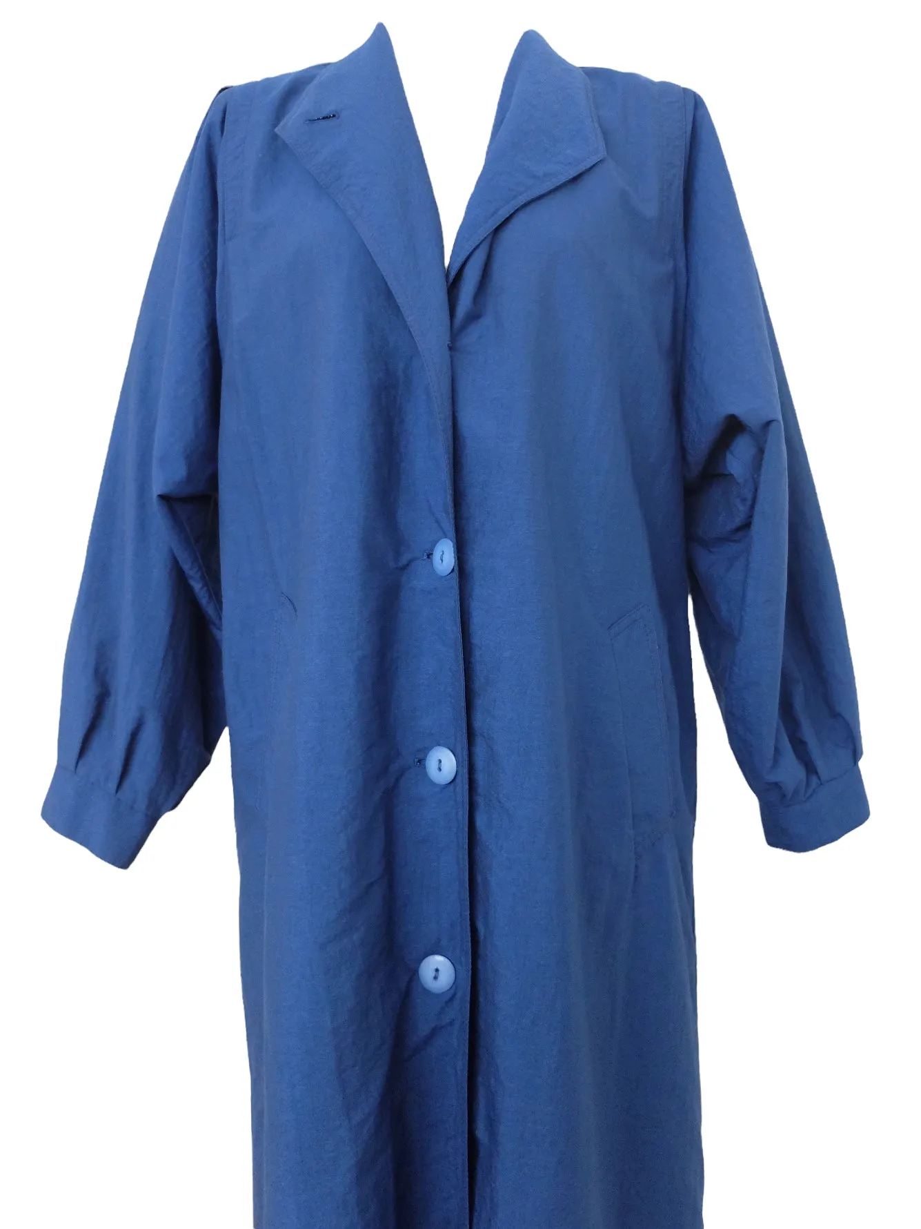 Vintage 80s Avant-Garde Chic Bright Blue Basic Solid Collared Button Down Lightweight Trench Coat | Women’s Size M