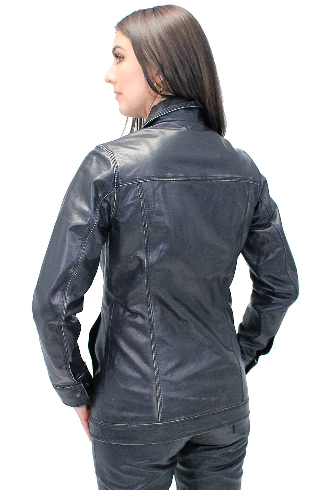 Vintage Black Women's Long Leather Jean Jacket #LA2010LZK ()