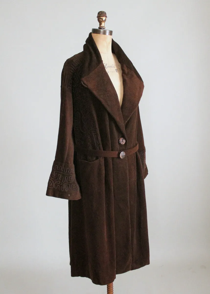 Vintage Early 1920s Brown Wool Velour Coat with Soutache Trim