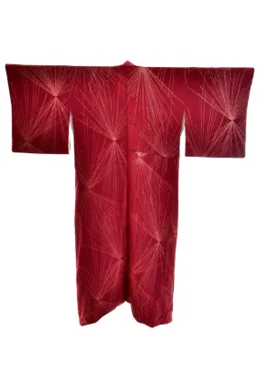 Vintage Rust Silk Long Kimono w/ Gold Metallic Starburst Embroidery