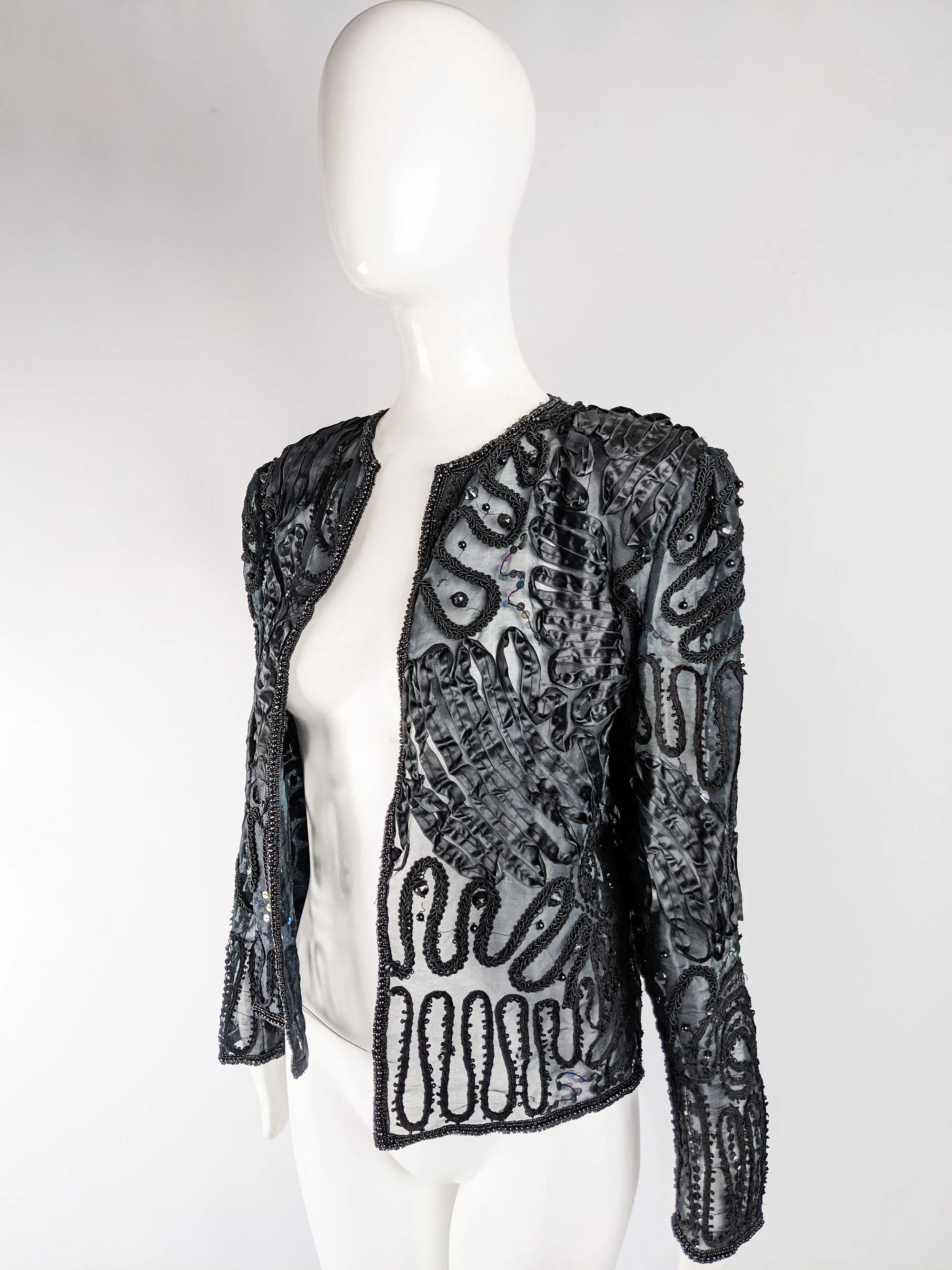 Vintage Semi Sheer Black Sequin & Beaded Jacket, 1980s