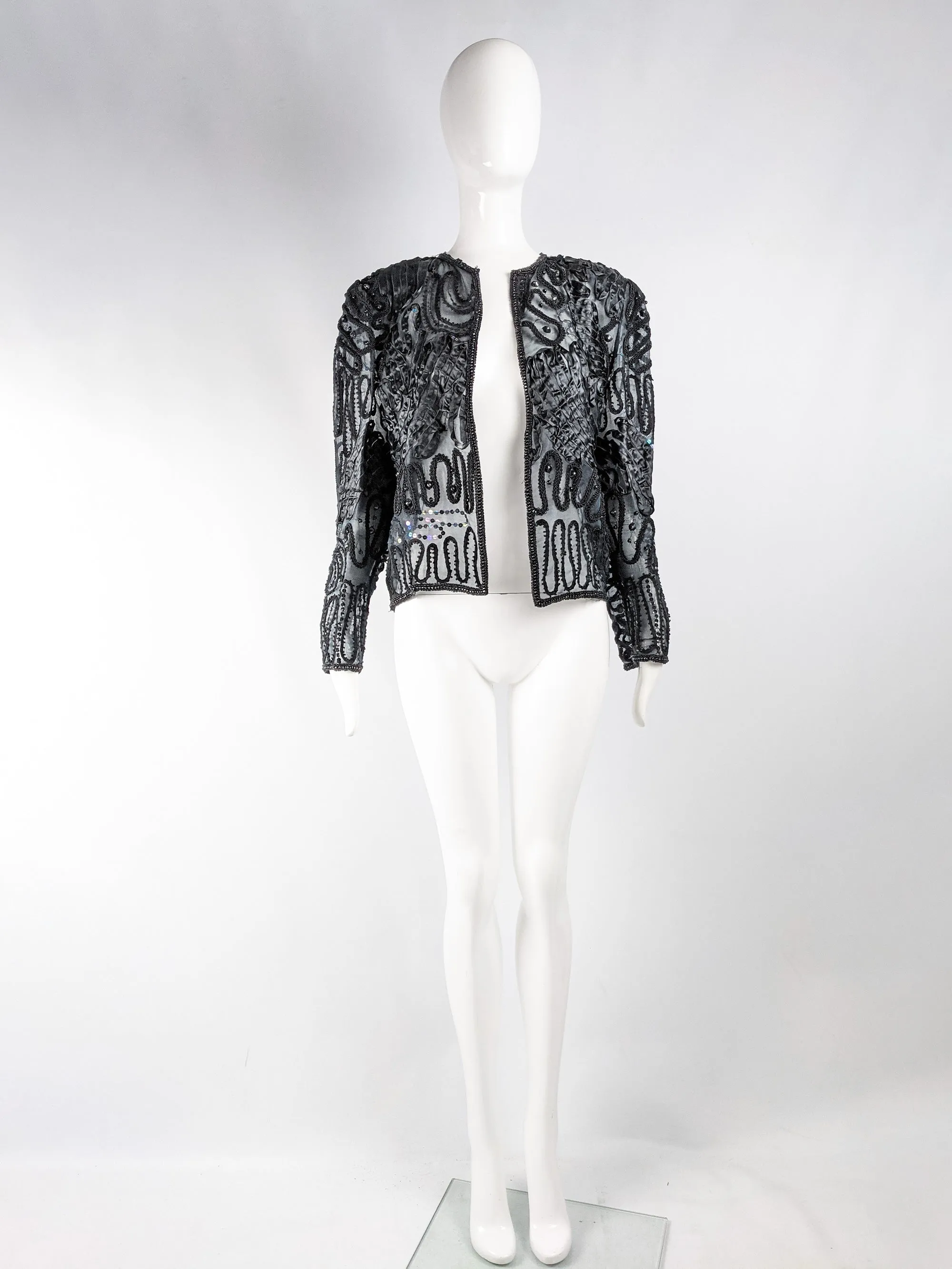 Vintage Semi Sheer Black Sequin & Beaded Jacket, 1980s