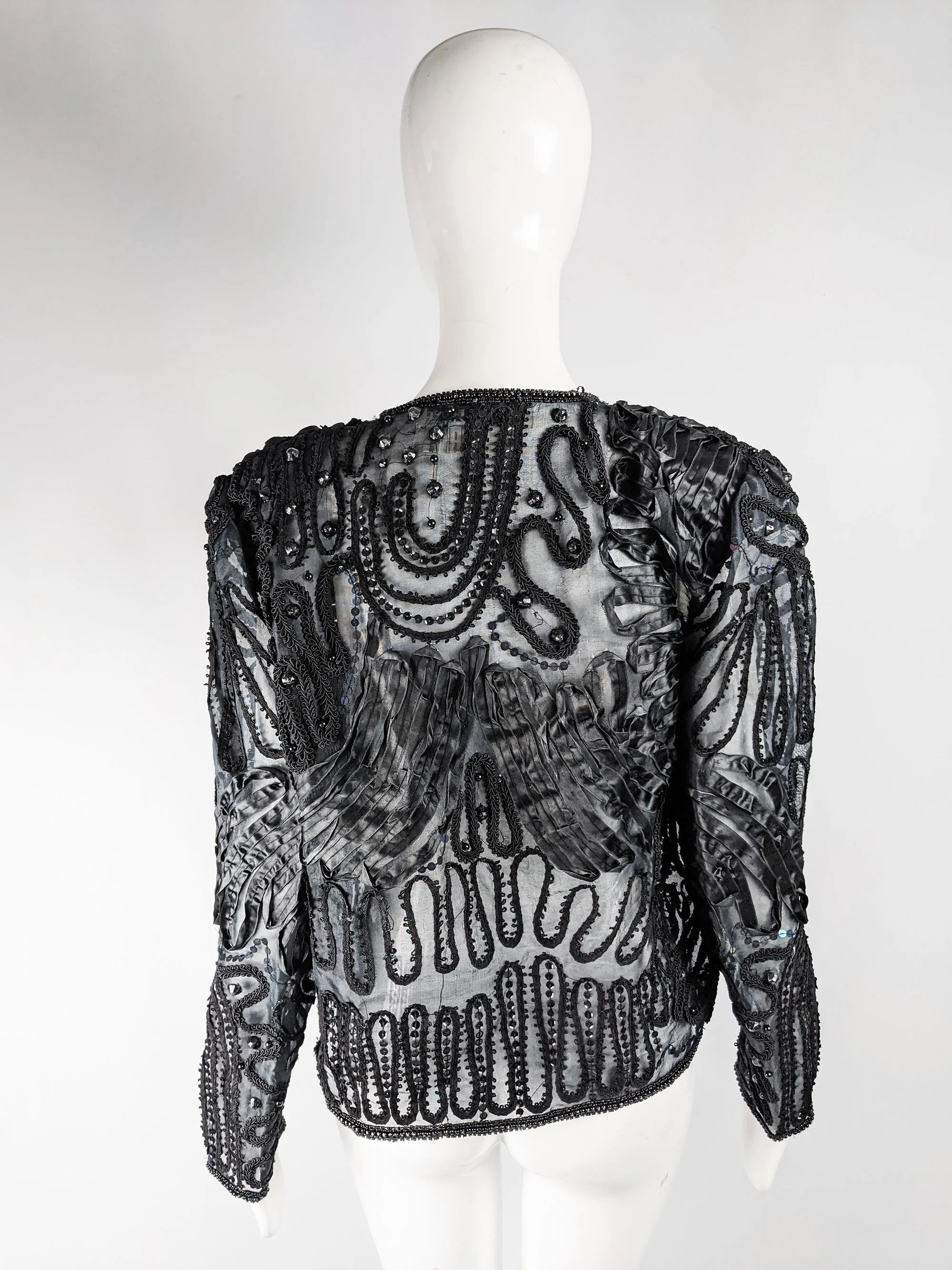 Vintage Semi Sheer Black Sequin & Beaded Jacket, 1980s