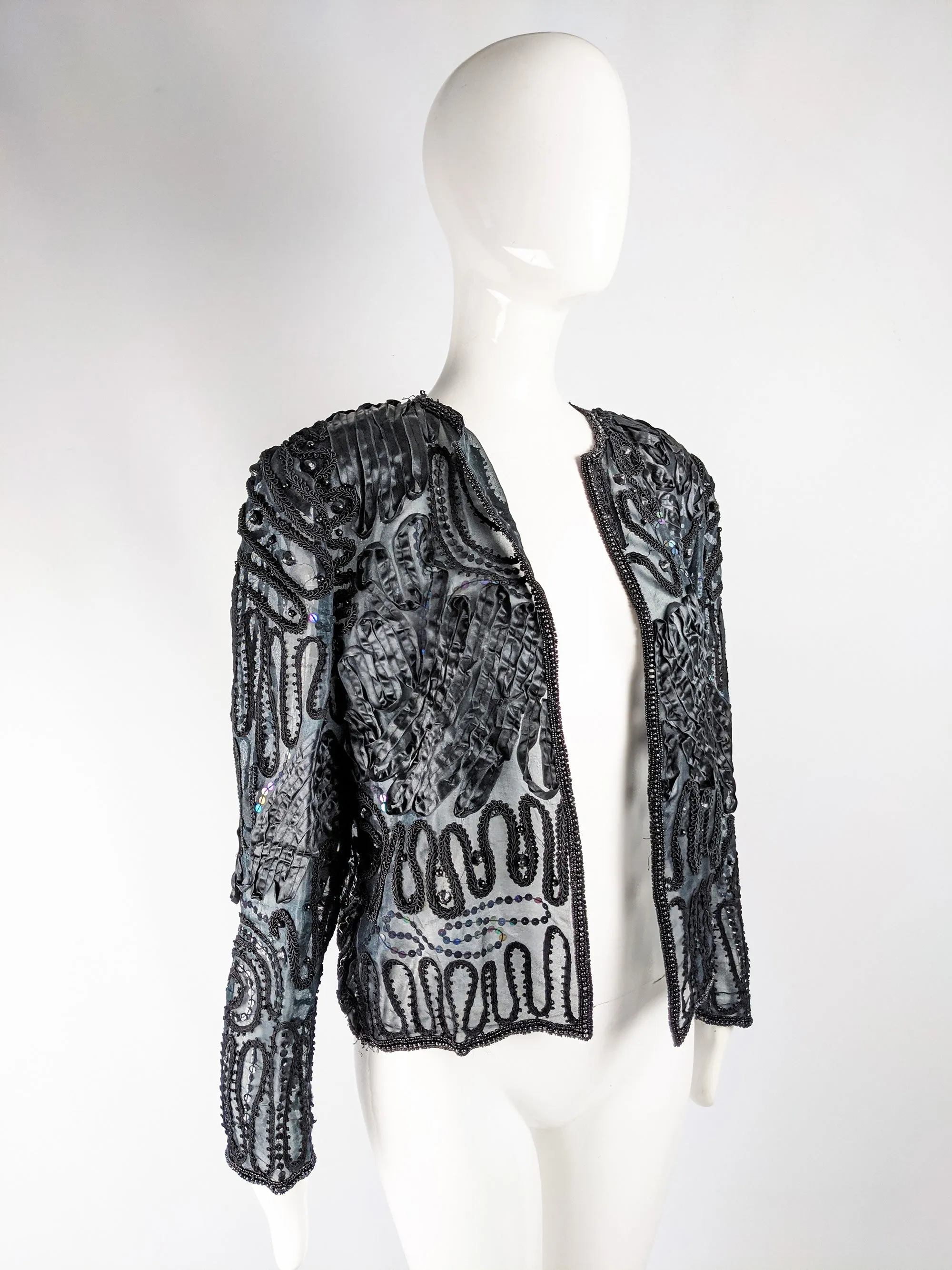 Vintage Semi Sheer Black Sequin & Beaded Jacket, 1980s