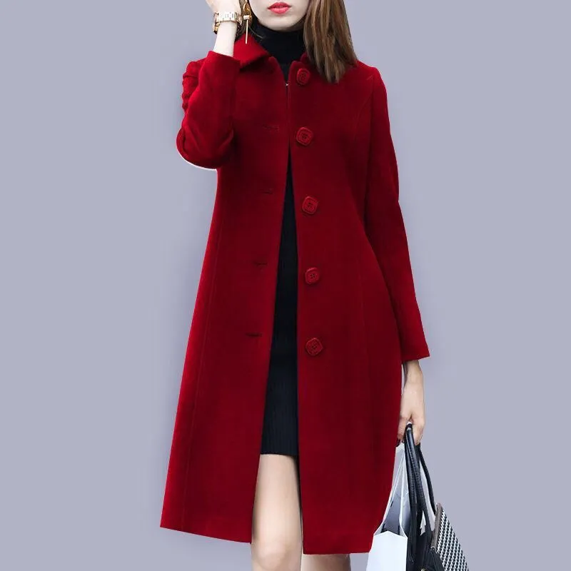 Wenkouban Fashion Ladies Wool Coat New Autumn Winter Mid-Length Single-Breasted Slim Blended Woolen Overcoat Red Blue Black Women Jacket