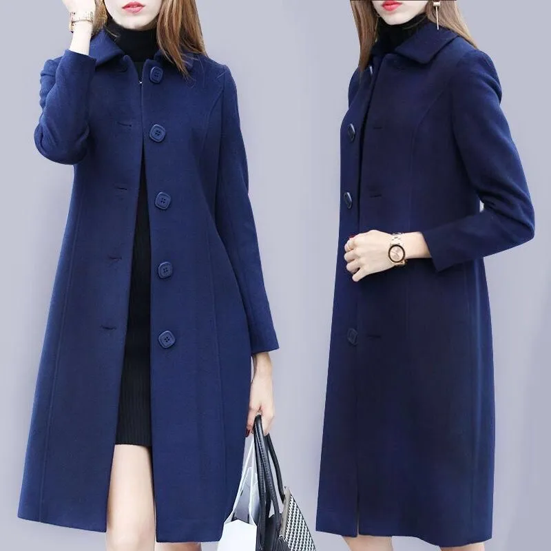 Wenkouban Fashion Ladies Wool Coat New Autumn Winter Mid-Length Single-Breasted Slim Blended Woolen Overcoat Red Blue Black Women Jacket