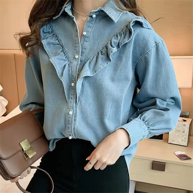 Wenkouban Spring Autumn 2022 Ruffles Denim Jacket For Women Long Sleeve Pocket Jacket Femme Casual Overcoat Single Breasted Chic Jean Coat