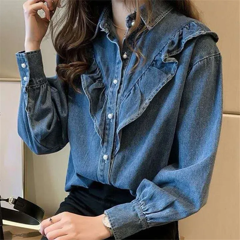 Wenkouban Spring Autumn 2022 Ruffles Denim Jacket For Women Long Sleeve Pocket Jacket Femme Casual Overcoat Single Breasted Chic Jean Coat