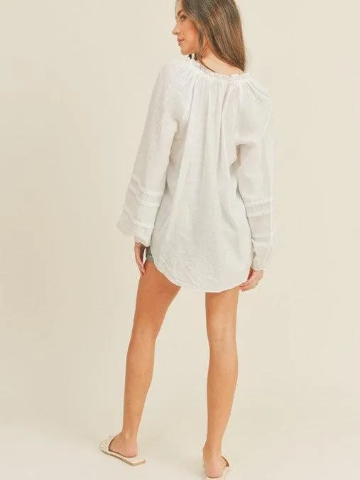 White Balloon Sleeve Top with Ruffle Collar