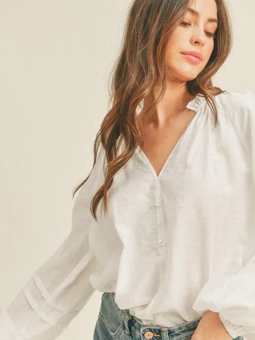 White Balloon Sleeve Top with Ruffle Collar