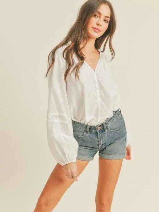 White Balloon Sleeve Top with Ruffle Collar