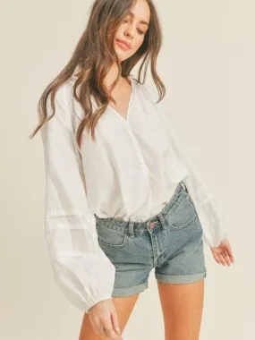 White Balloon Sleeve Top with Ruffle Collar