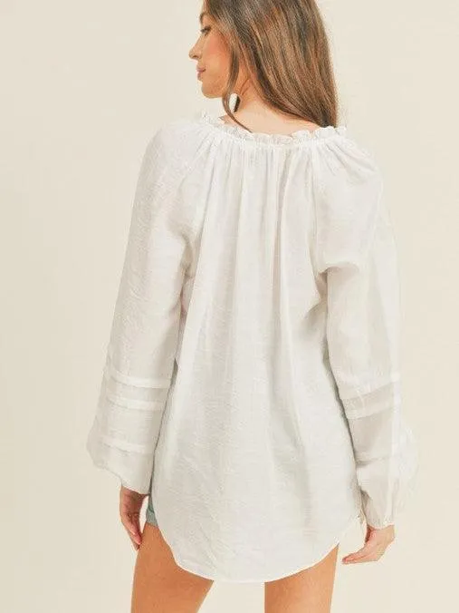 White Balloon Sleeve Top with Ruffle Collar