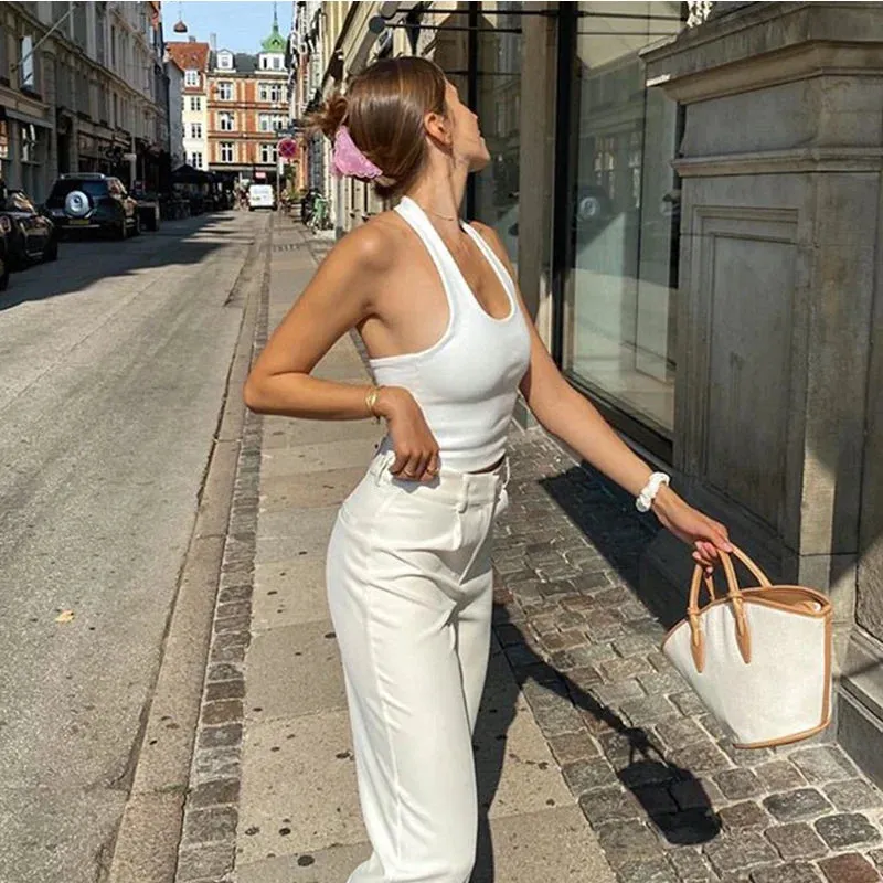 White Halter Sexy Backless Streetwear 2024 Sleeveless Ribbed Knit Vest Cropped Feminino Tank Top for Women