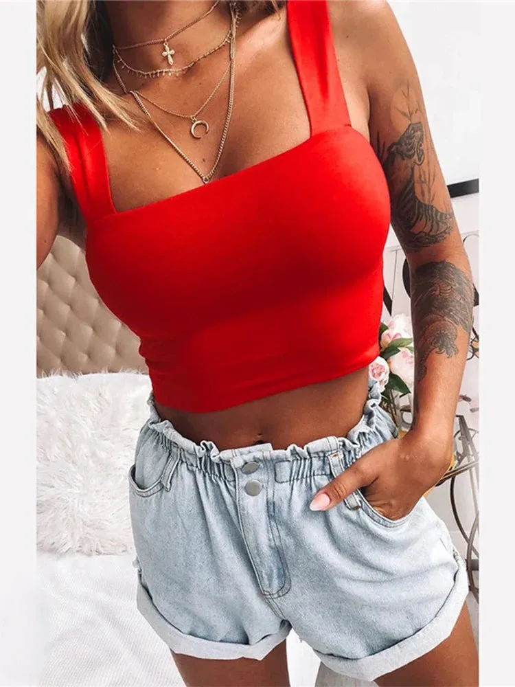 White Square Neck Sleeveless Crop Top Women Black Casual T Shirt Off Shoulder Cami Backless Tank Top