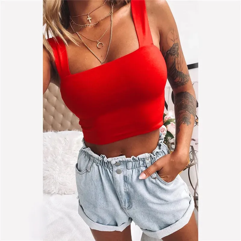 White Square Neck Sleeveless Crop Top Women Black Casual T Shirt Off Shoulder Cami Backless Tank Top