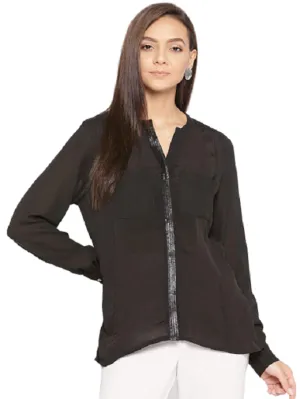 Women Black Solid Sequence Formal Shirt