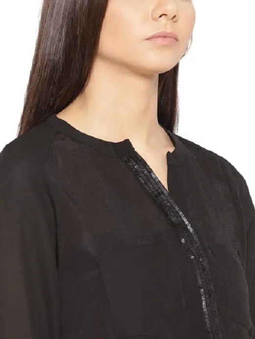 Women Black Solid Sequence Formal Shirt