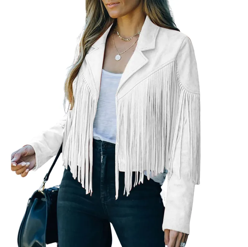 Women Fringed Hem Tassel Cardigan Crop Tops E-girl Motor Biker Jacket Vintage Street wear Coat Cool