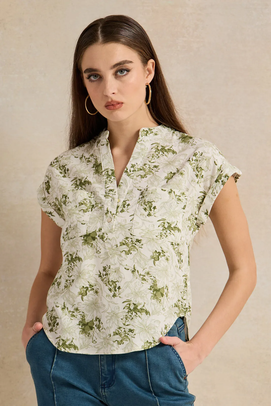 Women Green Floral Print Top