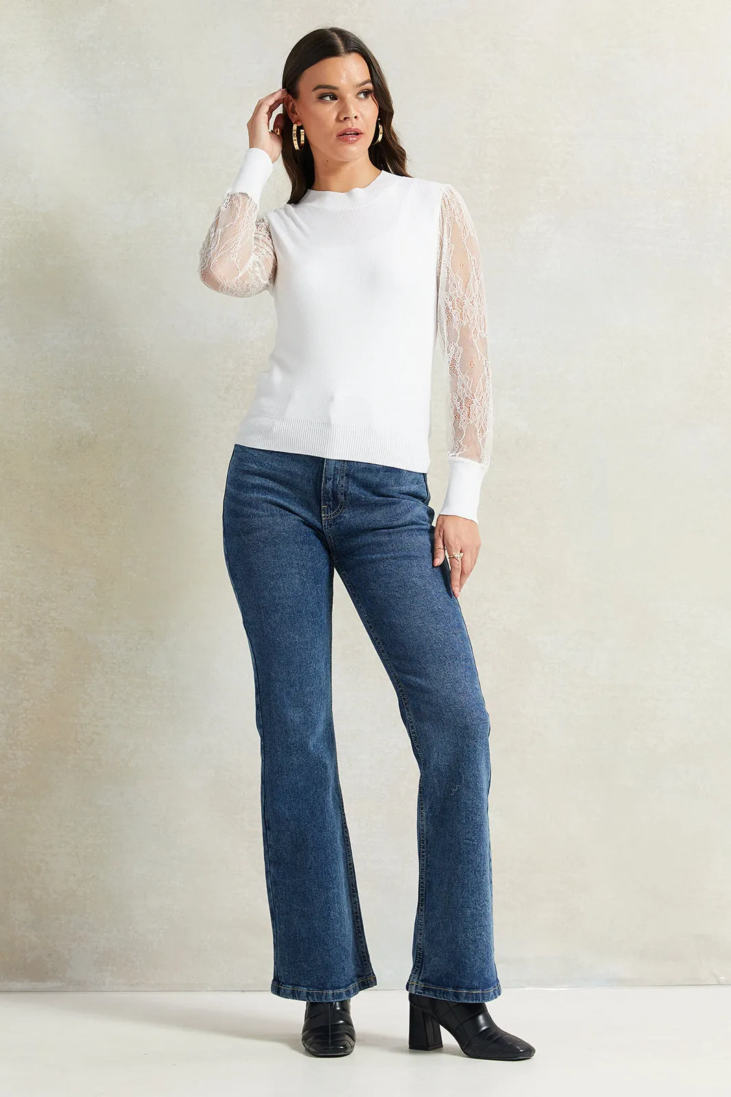 Women White Sheer Sleeve Top