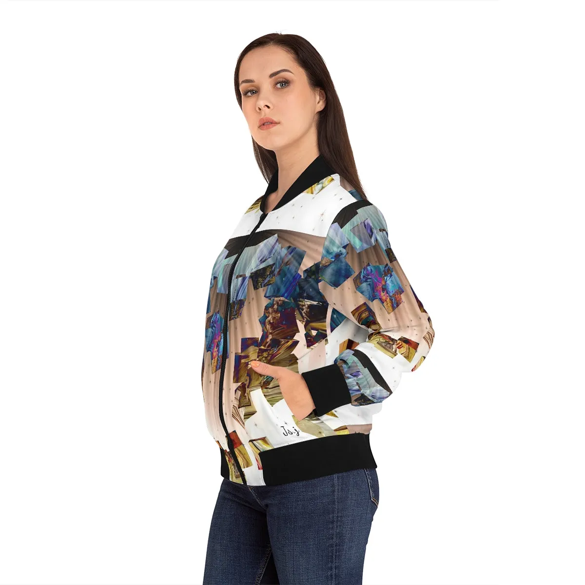 Women's Bomber Jacket (AOP) BLUE BOXES