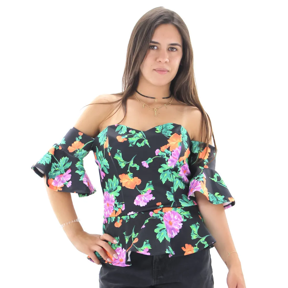 Women's Off Shoulder Floral Ruffle Hem Top,Black